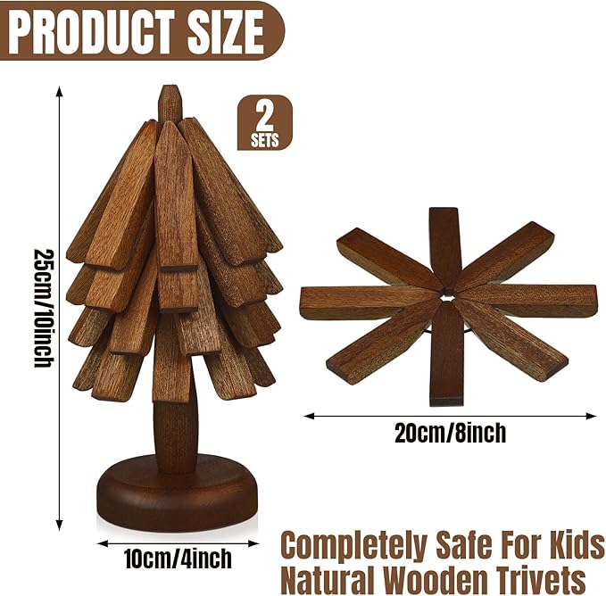 Suzile 2 Set 4 Layers Wooden Trivets for Hot Dishes Tree Shape Trivet Coaster Wood Table Mat Tree Design Foldable Heat Resistant Pads for Teapot Pans Bowl Kitchen Table(Brown)