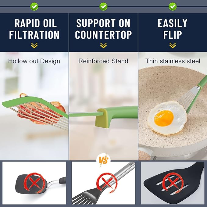 Fish Spatula,600℉ Heat Resistant Silicone Fish Spatula with Basting Brush,for Nonstick Cookware,Flexible Slotted Fishs Turner Spatulas,BPA Free,Dishwasher Safe(Green)