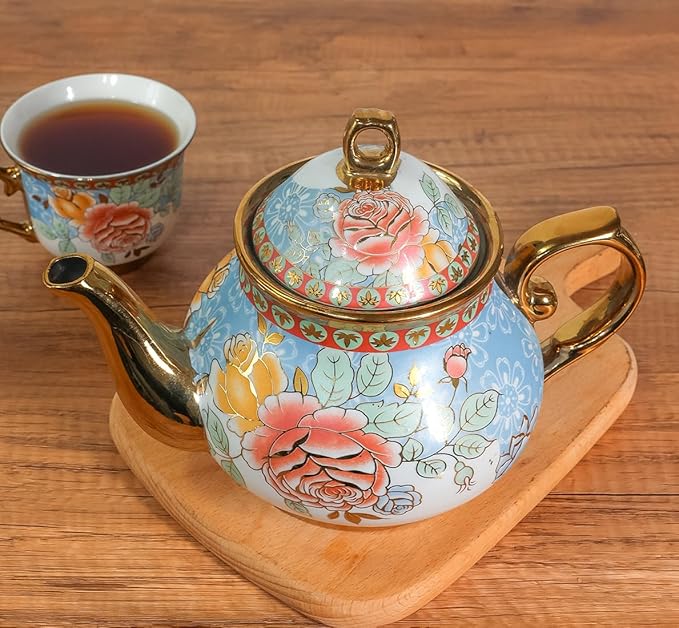 Classic Vintage British Royal Style Ceramic Teapot, 30OZ Large Teapot Perfect for Everyday Gatherings (Golden, Large)