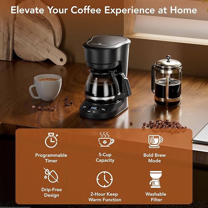 COWSAR Compact Coffee Machine,5 Cup Drip Coffee Maker with Timing Function,2H Auto Power-off, 2H Keep Warm,Pause & Brew, Reusable Filter,and Drip-Free Carafe, Black - 3710H - Commercial Performance