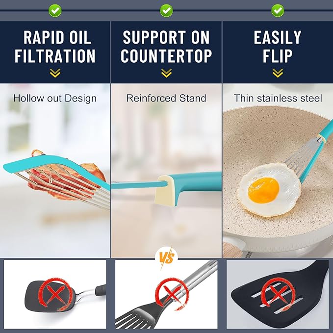 Fish Spatula,600℉ Heat Resistant Silicone Fish Spatula with Basting Brush,for Nonstick Cookware,Flexible Slotted Fishs Turner Spatulas,BPA Free,Dishwasher Safe(Aqua Sky)
