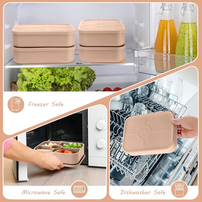 4 Pack Silicone Bento Boxes for Adults, 5 Compartment Reusable Lunch Containers with Sauce Section, Leakproof Meal Prep Snack Box Microwave & Dishwasher Safe for Work School Office(Khaki)