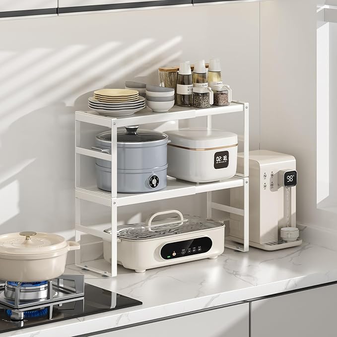 Expandable Kitchen Organizers Storage, Metal Cabinet Organizer Riser Rack for RV,Kitchen, Pantry, Cupboards, Under Sink and Counter Storage,Office,Adjustable Spice Rack,White