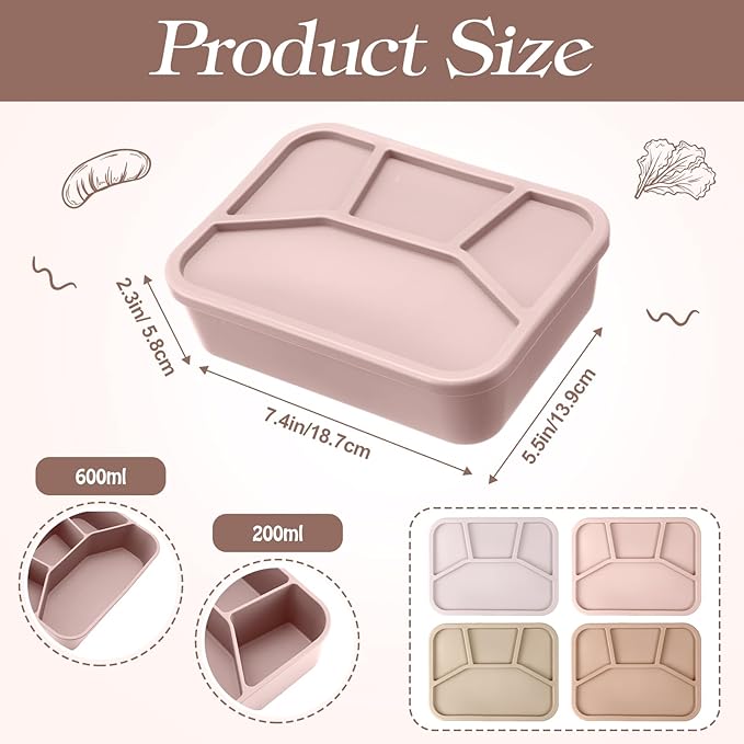 Honeydak 4 Pcs Silicone Bento Box Reusable Lunch Container 4 Compartment Snack Boxes with Lid Smooth LeakProof Rectangle Food Boxes for Adult Work Travel Food Storage (Gentle Color)