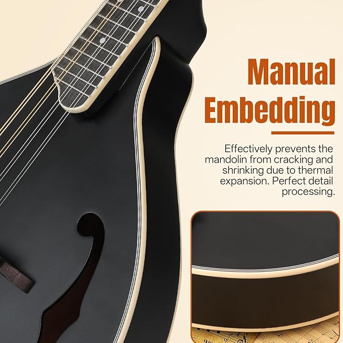 Mandolin Instrument A Style, Acoustic Mandolins Instrument Kit 8 String with Tuner Strap Gig Bag Chord Chart for Professional Beginners Adults Teens Youth Kid(A Style Acoustic Black, 8 String)