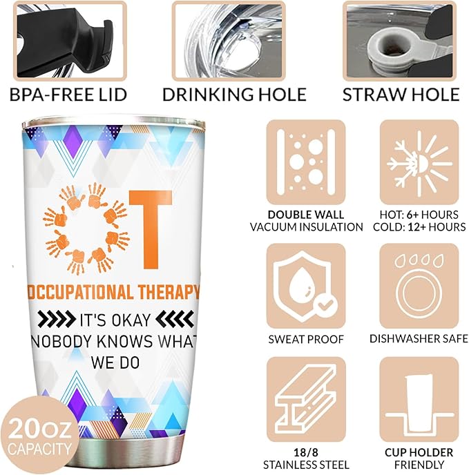 Occupational Therapist Tumbler Stainless Steel 20oz with Straw Lid, Nobody Knows What We Do OT Gift For Birthday Christmas, World Occupational Therapy Day Gifts for OTA Assistant Women Men