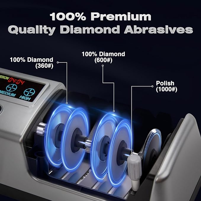 Electric Knife Sharpener 5-in-1 Kitchen Knives Sharpeners with 100% Diamond Abrasives, 3-Speed Variable with LCD Screen for Serrated Lawn Blades Edges, Scissors & Axe, Silvery
