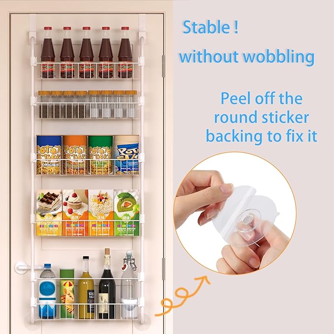 White Over the Door Pantry Organizer 5 Tier, Adjustable Basket Pantry Door Organizer and Storage, Heavy Duty Metal Kitchen Hanging Spice Rack (D5xW19xH50 Inches)