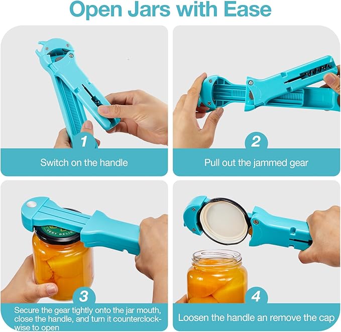Jar Opener Bottle Opener and Lid Opener for Seniors with Arthritis, Weak Hands, Multi 7 in 1 Retractable Magnetic Can Opener, Original Kitchen Wine Opener Gadgets (Cyan)
