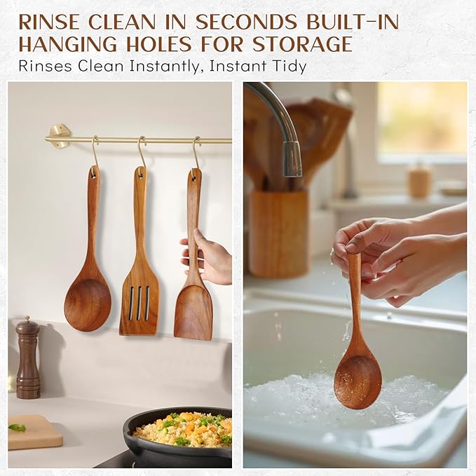 Wood Spoons for Cooking,9 Pcs Natural Teak Wooden Cooking Utensils Set with Holder ＆ Spoon Rest, Soft Comfort-Grip Wooden Kitchen Utensil Set for Non-Stick Cookware