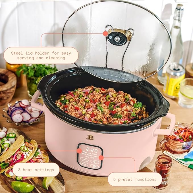 Beautiful 6 Qt Programmable Slow Cooker with Touch Control, Digital Timer and Keep Warm Function – Large Electric pot Capacity Kitchen Appliance by Drew-Barrymore (Rose)