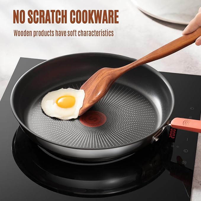 Wooden Spoons for Cooking, 8 PCS Teak Wood Cookware Utensil Set with Hooks - Smooth Finish, Non-Stick, Comfort Grip Cooking Spoons and Utensils Holder