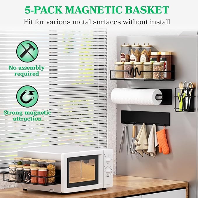 5-Pack Magnetic Spice Rack for Refrigerator, Heavy Duty Magnetic Shelf for Fridge Set with Paper Towel Holder, Utensils Racks & Hook Rail, Home Kitchen Laundry Room RV Storage Organization- Black