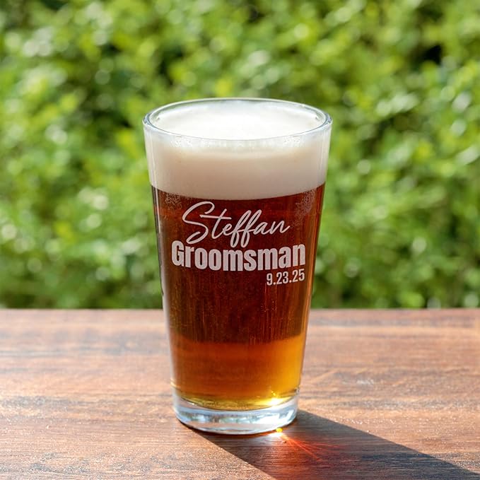 Personalized Groomsmen Beer Pint - 16oz Best Man Beer Glass - Custom Etched Drink Glassware, Engraved Gifts for Wedding Favors, Best Man Proposal Gifts, Bachelor Party
