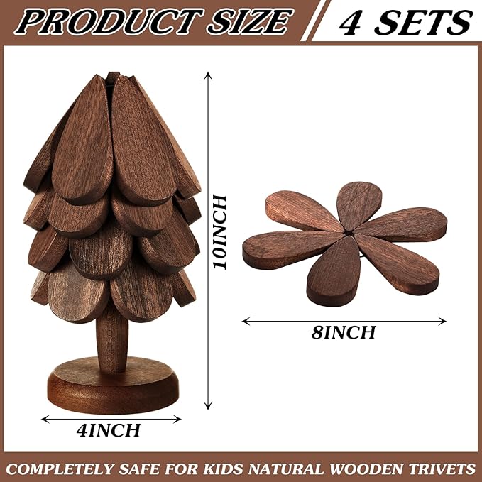 Suzile 2 Set Wooden Trivets for Hot Dishes Tree Shape Trivets Set Tree Coasters Wood Table Mat Tree Design Trivet Foldable Heat Resistant Pads for Teapot Pans Bowl Kitchen (4 Layers)