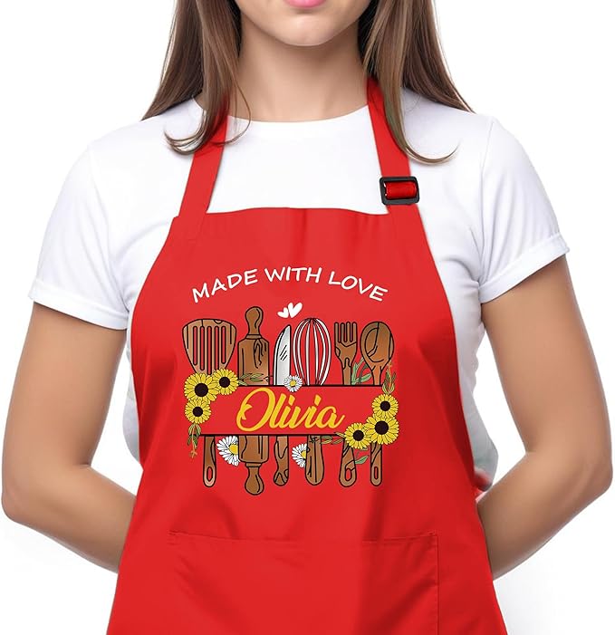 Custom Apron for Mom, Mother's Day Gift for Mom with Name, Personalized Kitchen Gifts for Mother, Women, Wife, Adjustable Customized Baking Kitchen Cooking Apron - Personalized Mom Gifts from Husband