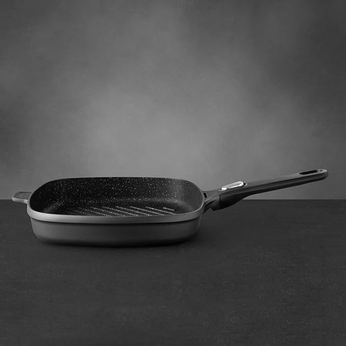 BergHOFF GEM Non-stick Cast Aluminum Grill Pan 11" 3.4 qt. Square Stay-cool, Detachable Handle Ferno-Green, PFOA Free Coating Induction Cooktop Fast Heating Oven Safe