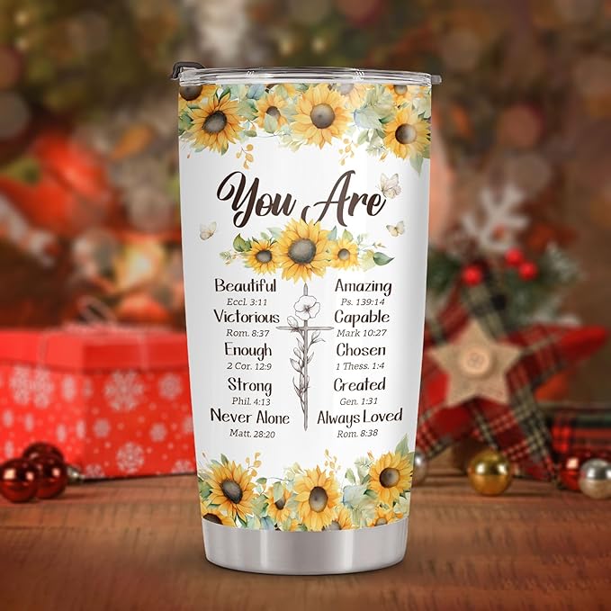 34HD Inspirational Religious Gifts for Women, Christian Tumbler with Lid, 20 oz Stainless Steel Bible Verse Coffee Mug, Sunflower Cup, Mothers Day Gifts for Christian Mom Sisters Friends