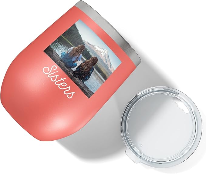 Personalized Mothers Day 12oz Photo Printed Insulated Stainless Steel Powder Coated Stemless Wine Tumbler with Lid, Customized Mom Gift Idea For Her, Custom Mum Team Mom Dad (Coral)