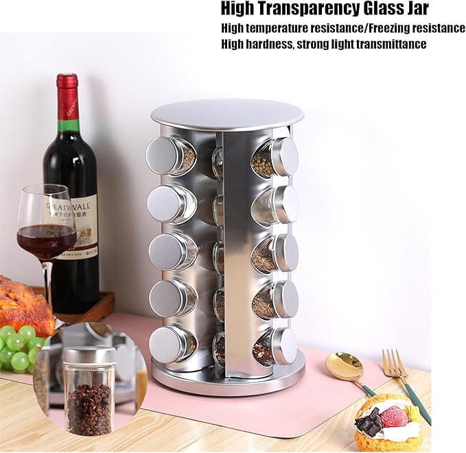 Spice rack-Revolving Spice Rack Set, Kitchen Spice Tower Organizer for Countertop or Cabinet -Desktop Rotating Seasoning Organizer(Stainless Steel) (Silver, 12-Jar)