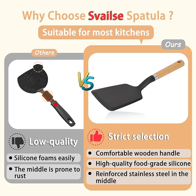 Silicone Spatula Turner, Heat Resistant Pancake Flipper Spatulas for Nonstick Cookware, Cooking Utensils with Wood Handle for Serving, Baking, Frying, Egg, Fish and Burger (2, Black)