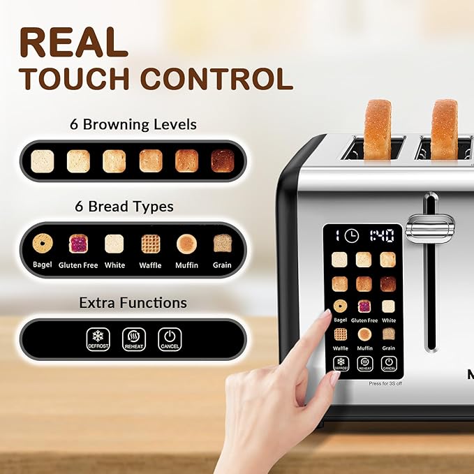 Mecity 4 Slice Toaster with Touch Screen Control, 4 Wide Slots, Stainless Steel Smart Bread Toaster for Bagels, Muffins, Waffles, Dual Control Panel, Timer, Defrost, Reheat, 120V 1650W, Matt Black