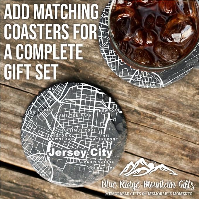 Blue Ridge Mountain Gifts - Jersey City Souvenir - New Jersey Glassware Gift, Etched City Map, Laser Engraved and Dishwasher Safe