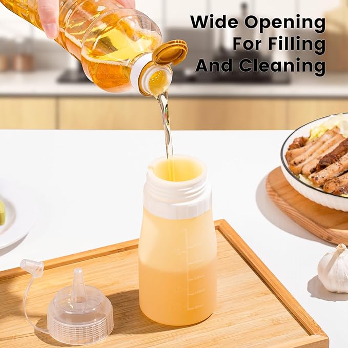 Condiment Squeeze Bottles, 12 oz Silicone Squeeze Bottles For Sauces, Leak Proof Condiment Containers with Extra Interchangeable lid, Easy Squeeze for Oil, Honey & Dressings, BPA FREE (4 Pack)