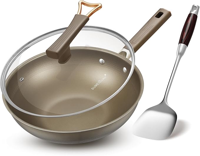 13 Inch Titanium Wok Pan with Lid, Non Stick Frying Pan, Woks & Stir-Fry Pans Nonstick, Flat Bottom Stainless Steel Wok, Titanium Pans Ideal for Induction Stovetop Cooking PFOA&PFAS Free
