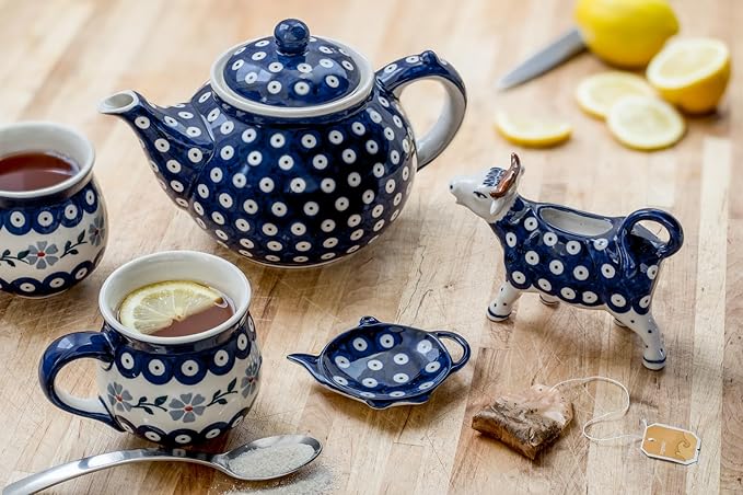 Blue Rose Polish Pottery - Blue Dots Teapot - 5 Cup Capacity - Hand-Painted Polish Pottery Ceramic Coffee & Tea Server