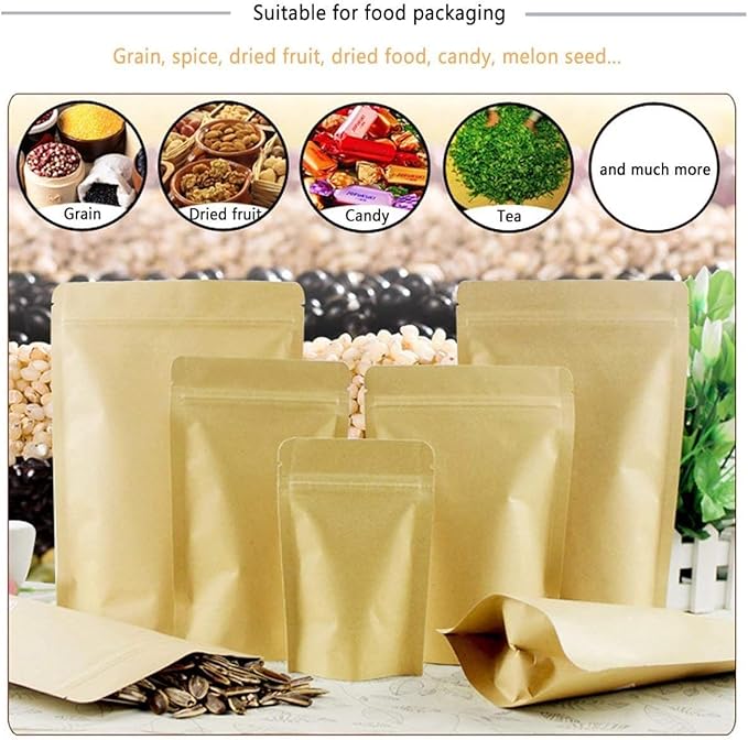 SumDirect Kraft Stand Up Pouches - 100 Pack Self-Sealing Zipper Food Storage Reusable Bags with Foil Lined for Home or Business (5X7 Inch,100PCS)