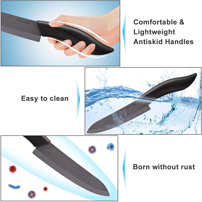 Updated Version Ceramic Knife Set 4-Piece with Sheaths (Includes 3" Paring Knife, 4" Fruit Knife, 5" Utility Knife, 6" Chef Knife) for Home Kitchen(Black)
