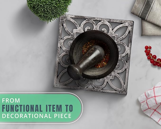 Comfify Decorative Cast Iron Trivet – Square Pattern for Kitchen or Dining Table – 6.5 x 6.5 with Rubber Feet – Recycled Metal – Rustic Design – Rust Silver Color