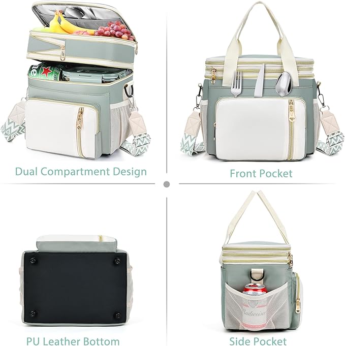 LOKASS Lunch Box & Lunch Bag for Women Men Double Deck,Large Insulated Adult Lunch Box Leakproof Lunchbox Cooler Bag for Work Picnic Beach,（Olive Green16L）