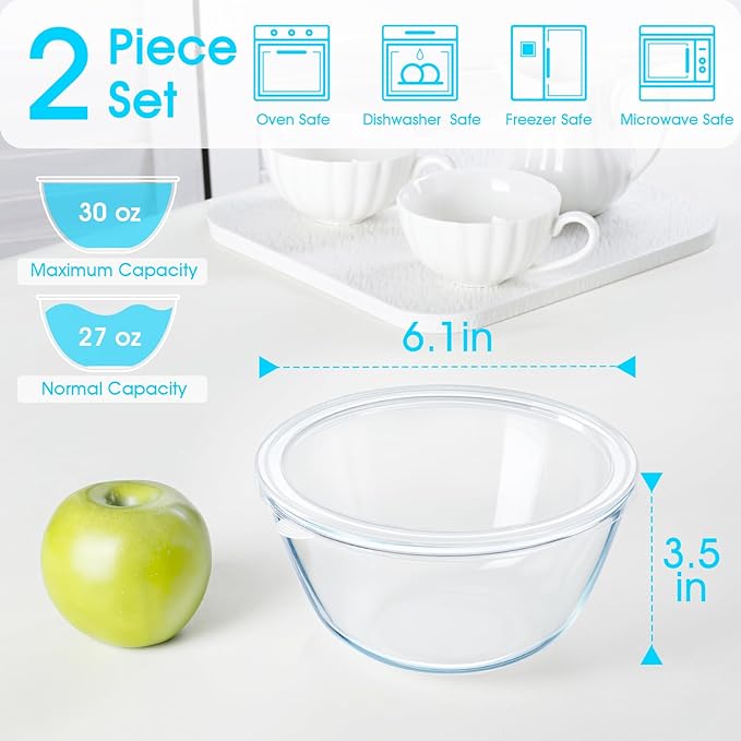 NUTRIUPS Glass Bowls Set Cereal Bowl Glass Salad Bowls Small Bowl for Kitchen (30oz-2pcs with lids)