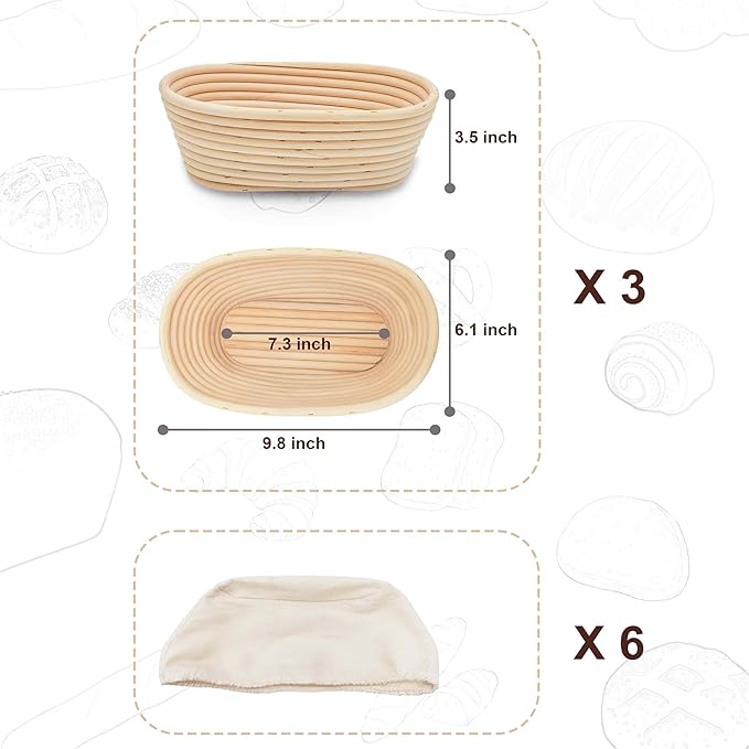 Banneton Bread Proofing Basket set of 3, 9.8 Inch Oval Sourdough Proofing Baskets with Liner,Dough Proofing Bowls,Made of Natural rattan,for Sourdough Bread Baking Supplies