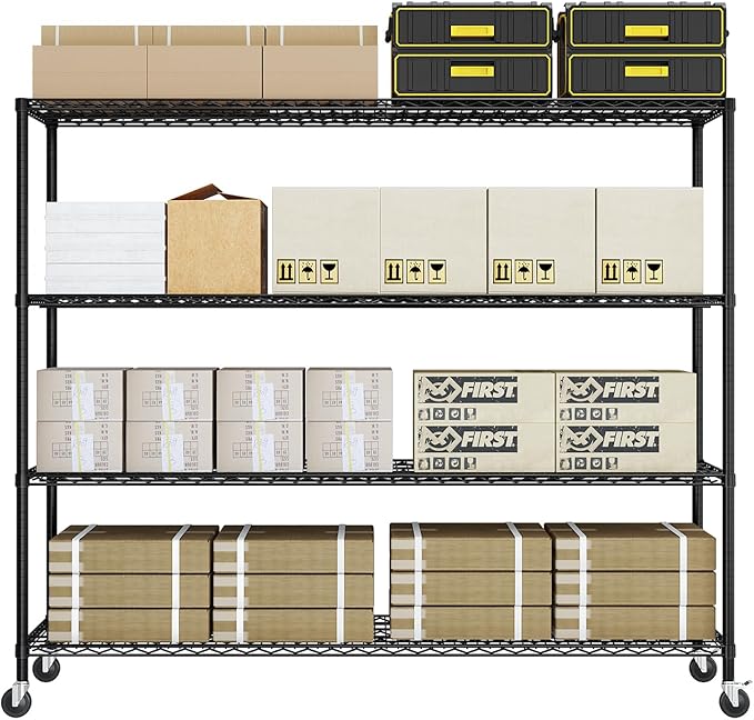 Karl home 4-Tier Adjustable Metal Storage Shelves, Wire Shelving Unit with Wheels & Leveling Feet, Heavy Duty Garage Shelving, Pantry & Kitchen Display Shelf Organizer, Home Storage Rack