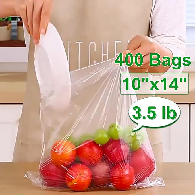 10" x 14" Produce Bags Roll, Fresh-Keeping Plastic Bag for Food, Fruit, Vegetable, Bread, Kitchen, freezer, Supermarket, 1 Roll 400 Plastic Produce Bags