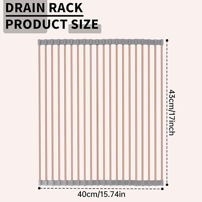 15.74" x 17"Large Roll Up Dish Drying Rack Over The Sink Dish Drying Rack,Stainless Steel Multipurpose Foldable Dish Drying Rack with Anti-Slip Silicone for Kitchen Counter Drainer,Rose Gold