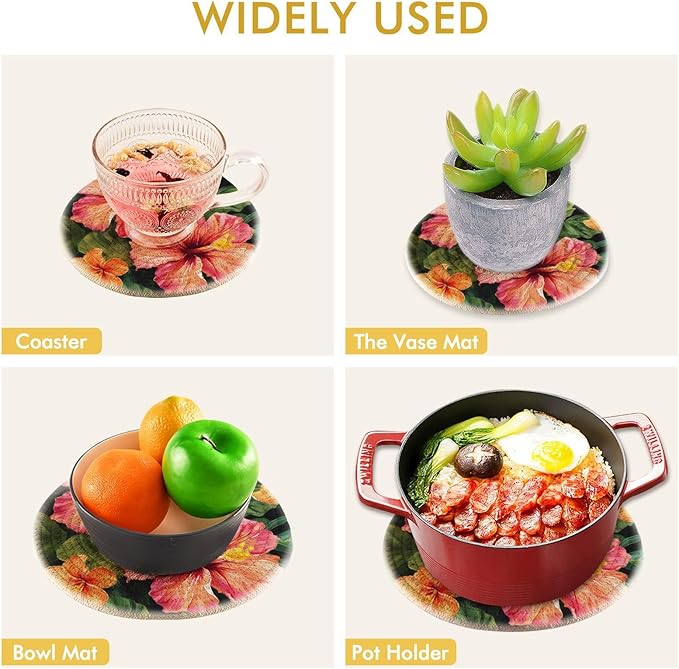 Hibiscus Flower Leaves Kitchen Trivets Pot Holders Set of 2, Trivets for Hot Pots Dishes Woven Trivet Coaster Pad Mat for Counter