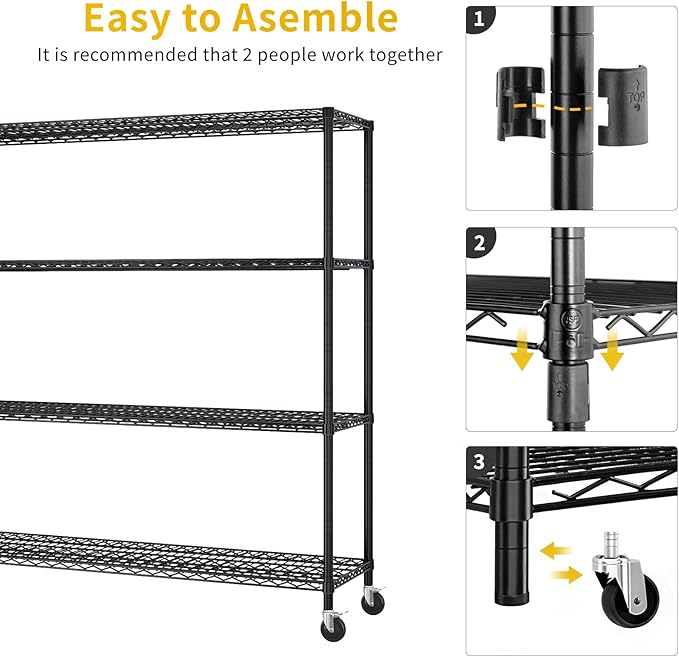 Karl home 4-Tier Adjustable Metal Storage Shelves, Wire Shelving Unit with Wheels & Leveling Feet, Heavy Duty Garage Shelving, Pantry & Kitchen Display Shelf Organizer, Home Storage Rack