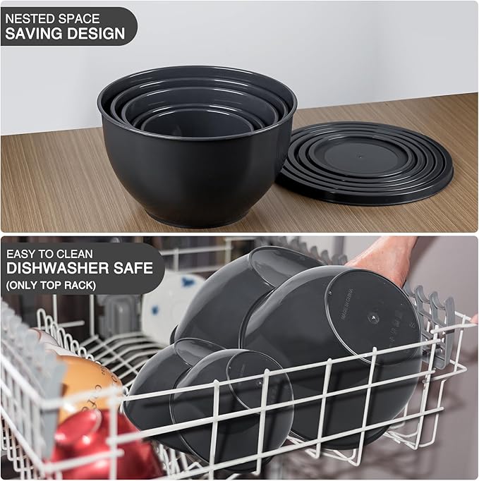 5-Piece Plastic Mixing Bowls with Lids Set for Kitchen, Nesting Bowls for Mixing, Baking, Prepping, Cooking and Serving Food, Grey Mixing Bowls Dishwasher, Microwave Safe, large