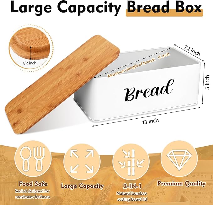 Hushee Metal Bread Box and Butter Dish with Bamboo Cutting Board Lid and Knife Bread Storage Container Breadbox for Kitchen Counter Butter Organizer for Kitchen Countertop Decoration(White)