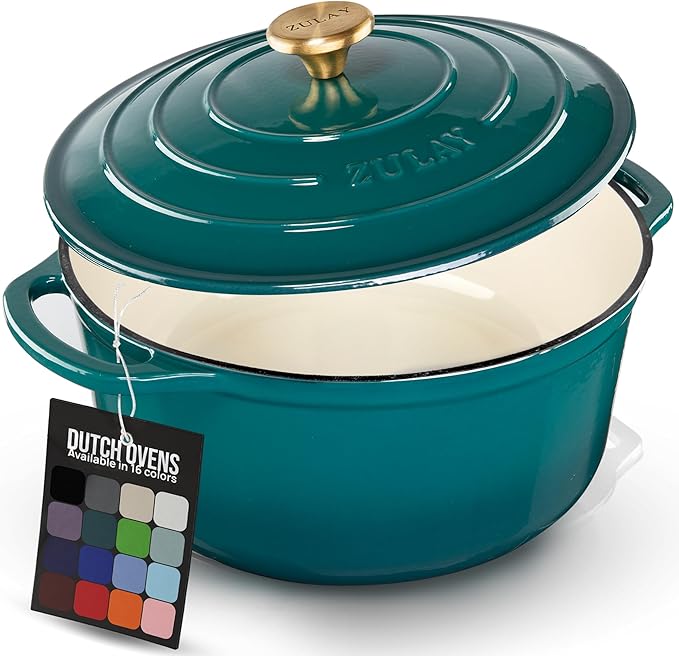 Zulay Kitchen 6 Quart Enameled Cast Iron Dutch Oven Pot with Lid – Premium Durability & Oven Safe up to 500°F – Heavy Duty Cookware Perfect for Bread Baking, Stews, Braising & Roasting – Emerald