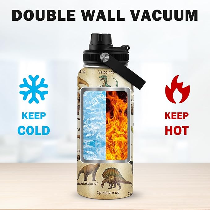 Dinosaur Gifts for Boys Men, 32 oz Insulated Water Bottle Stainless Steel Tumbler, Sports Travel Water Bottles, Dino Cups Gifts for Dinosaur Lovers (1pcs)