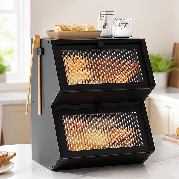 WOWLIVE Double Layer Bread Box for Kitchen Countertop, Large Bamboo Bread Storage Container for Homemade Bread, Farmhouse Bread Holder for Kitchen Counter Cabinet, Pantry, Cupboard (Black, Medium)