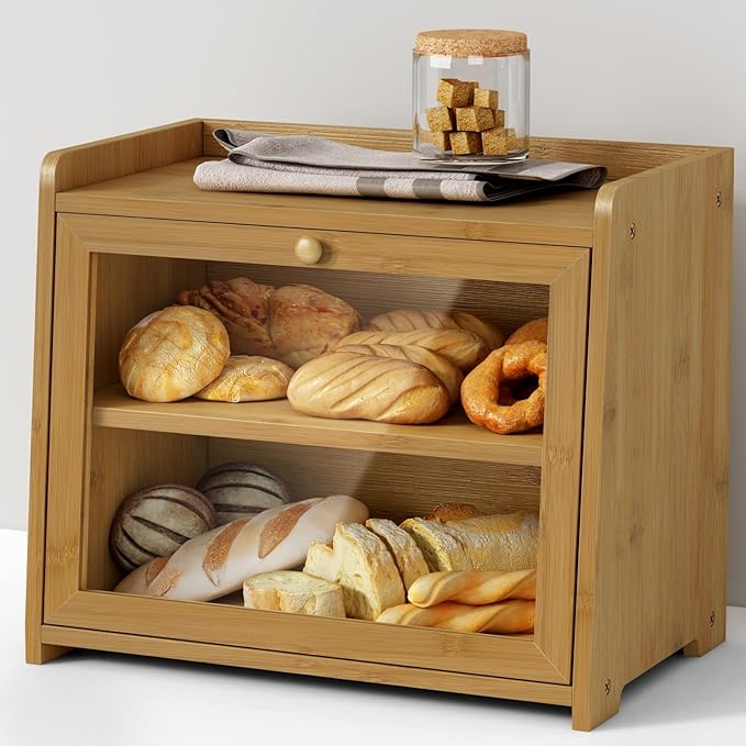 Bamboo Bread Box for Kitchen Countertop, Wooden Kitchen Counter Organizers and Storage for Bread, Coffee, Spices, Snacks, Wood Vintage Breadbox Container for Cabinet, Bedroom, Bathroom