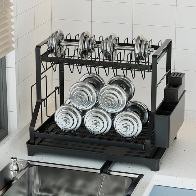 2-Tier Kitchen Dish Rack with Drainboard, Black, Large Capacity Dish Drying Rack with Cup Holder, Knife Block, Cutting Board Rack, 42x32.5x34cm