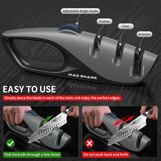 Mad Shark Kitchen Knife Sharpener - 5 Adjustable Sharpening Angle, Diamond Slot - Fine Honing, Design with Non-Slip Rubber Edge Grip, Knife Sharpener for Professional, Chef's Knives, Pocket, Scissors