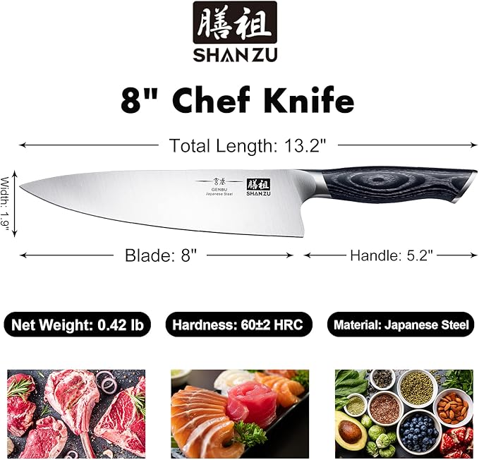 SHAN ZU 8 inch Japanese Chef Knife, Chefs Knife Kitchen Knives, Japanese Super Steel Sharp Chef's Knives with K133 Ergonomic Handle, Black Tortoise Genbu Series